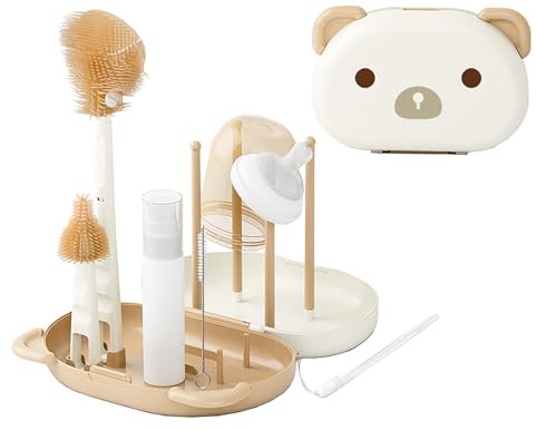 HOEREV Tragbares BPA-freies Flaschenbürsten-Set mit Schnullerbürste, Strohhalmbürste, Abtropfgestell und Box, Beige