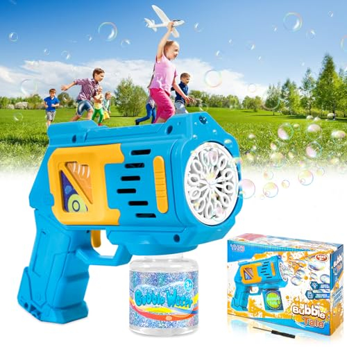 AQXONG 12 Löcher Seifenblasenpistole, Seifenblasenpistole mit LED-Licht, 4000+ Blasen/Minute, Automatische Seifenblasenpistole mit 100ML Seifenblasenlösung Geschenk für Kinder/Geburtstag/Party