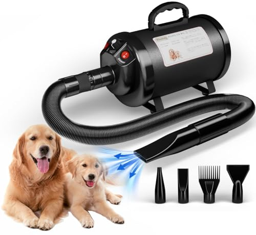 Blanlody Pulseur Pour Chien Blaster 3800 W/5,2 Hp, À Faible Bruit | Moteur réglable - Souffleur de Soins pour Chien avec 4 Buses différentes - Tuyau élastique