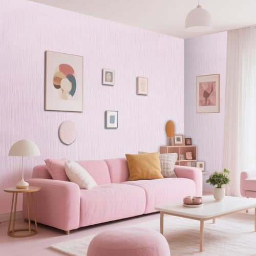 Tarwanear 1 Roll Blush Wallpaper Pink Plain Thick Textured Wallpapers Modern Minimalist Striped Featured Wall Paper Embossed Striped DIY Wall Paper Roll for Living Room Bedroom Hallway