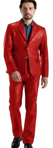 ORBITRAY Men's PU Leather Suit 2 Piece Leather Dress Suit for Men Prom Party Shwal Lapel Two Button Red