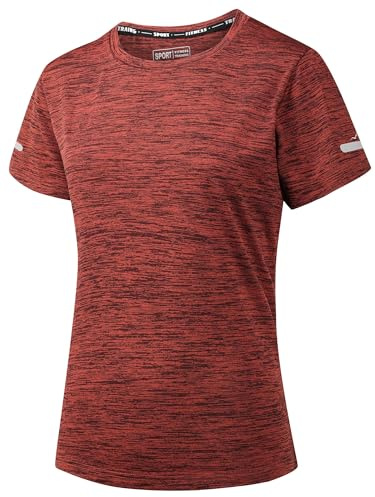 Peakwell Femme T-Shirt de Sport Respirant Manches Courtes Tee-Shirts Fonctionnels Tops, Orange-Rouge, L