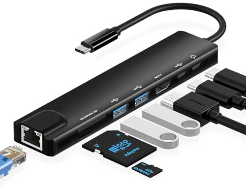 Hub USB C con adattatore Ethernet 8 in 1 tipo C convertitore multiporta con 100 W PD, 4 K HDTV, USB 3.0/2.0, porta C, lettore di schede SD/TF per iPhone 15, MacBook, iPad, Samsung, superficie, ecc.