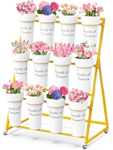 VGMiu Flower Display Stand with 12 Buckets, Metal Flower Cart with Wheels 3 Layers Gold Flower Bar Stand Moving Florist Bouquet Shelf for Party Weddings Ceremony Garden Indoor Outdoor Patio Decor