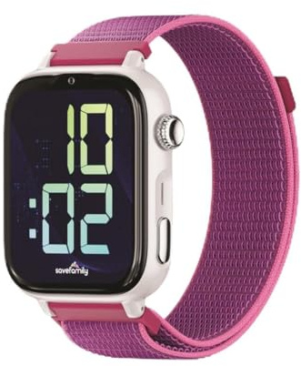 SaveFamily SaveWatch Plus 2 | Reloj Inteligente Niño con Localizador GPS, Llamada, Vídeo, Whatsapp, Spotify, App Store | SIM Incluida - Esfera Blanca y Correa de Tela Frambuesa