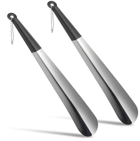 VOSSOT 2 Pezzo Calzascarpe Lungo– Calzascarpa Metallo Inox 30cm con Manico Antiscivolo e Catena, Cucchiaio Scarpe Ergonomico per Anziani, Donne in Gravidanza, Shoehorn per Ingresso