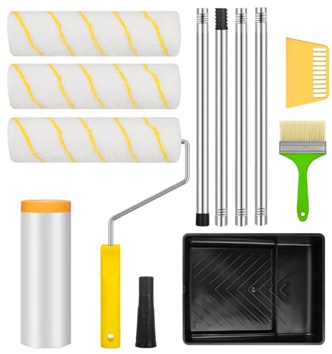 Set Rulli Pittura, Rullo Pittore con Accessori, 3 Pezzi Rullo Pittura 22 cm, Asta Irrobustita 152 cm, Pennello per Pareti, Soffitto, Pennello Pittore, Vassoio