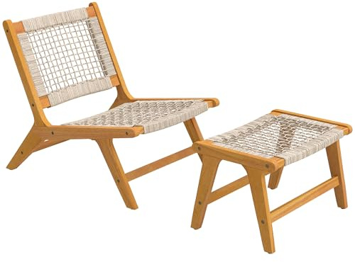 Outsunny Chaise Jardin avec Pouf 2 pièces Pieds réglables 160 kg Beige | Acacia, chaise lounge extérieur siège rotin, style bohème, ensemble lounge polyrotin, chaise jardin pour balcon