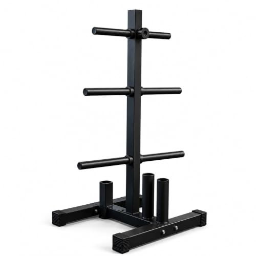 Rack para discos y barras ajustable 400 kg – Soporte para gimnasio en casa con 6 soportes para discos y 2 para barras olímpicas, acero reforzado, 113 × 69 × 61 cm