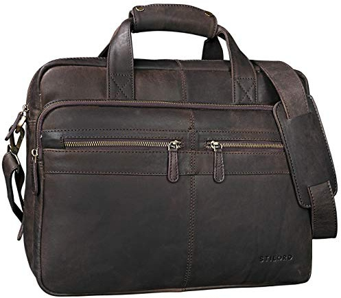 STILORD Explorer Lehrertasche Leder Herren Damen Aktentasche Büro Schulter- oder Umhängetasche für Laptop mit Dreifachtrenner Echt Leder Vintage Farbe:matt - Dunkelbraun