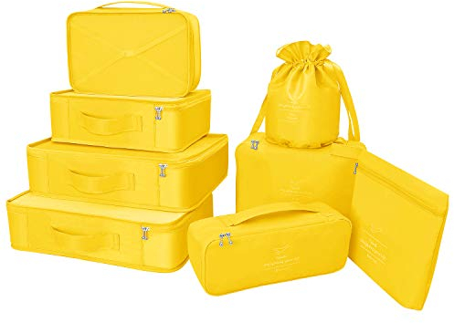 BETLLEMORY Packing Cubes 8 Sets Travel Luggage Organizers with Waterproof Shoe Storage Bag Compression Pouches(Yellow)