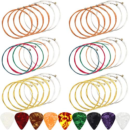Boao 6 Sets 6 Acoustic Guitar Strings Replacement Steel Guitar Strings Gold/brass/multicolor with 9 Pcs Celluloid Picks in 3 Sizes 0.5mm/0.75mm/1mm for Electric Acoustic Beginners Performers