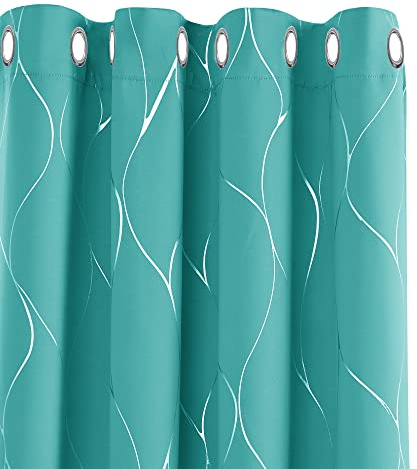 Deconovo Eyelet Blackout Curtains, Thermal Insulated Silver Wave Line Foil Printed Curtains, Noise Reduc for Bedroom, 66 x 54 Inch(Width x Length), Turquoise, one pair