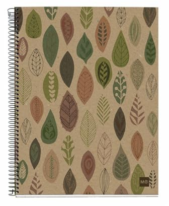Miquel Rius M Recycled 4 Subject Notebook, Lined 11 x 8.5, 120 Sheets Heavyweight Paper, Subjects Separated by color, 3 Hole Punched, Micro-Perforated, Ecoleaves Design