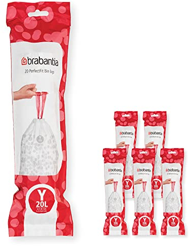 Brabantia 138300 PerfectFit Bin Liners Multipack (Size Y/20 Litre) Thick Plastic Trash Bags with Tie Tape Drawstring Handles (120 Bags), White