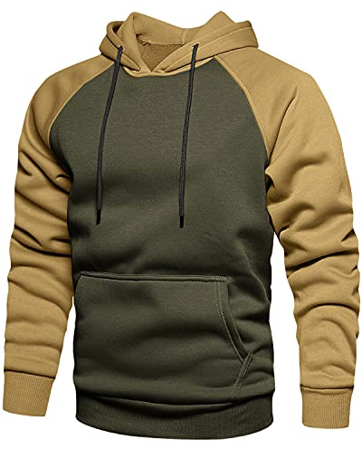 MANLUODANNI Herren Kapuzenpullover, Raglan Men's Hoodie Pullover mit Kapuze Casual Sweatshirt Classic Farbabstimmung Hoody Rundhals Armeegrün M