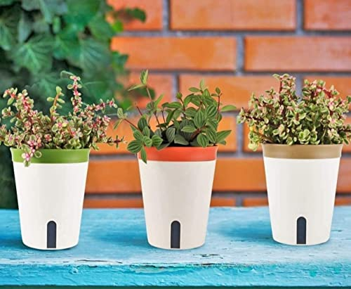 LATERN 3Pz Vaso per Fioriera Autoirrigante, 16,5CM Rotondo Vaso per Piante In Plastica Vasi per Fiori da Giardino - Con Finestra del Livello Dell'acqua e Vassoio Nascosto con Foro di Drenaggio