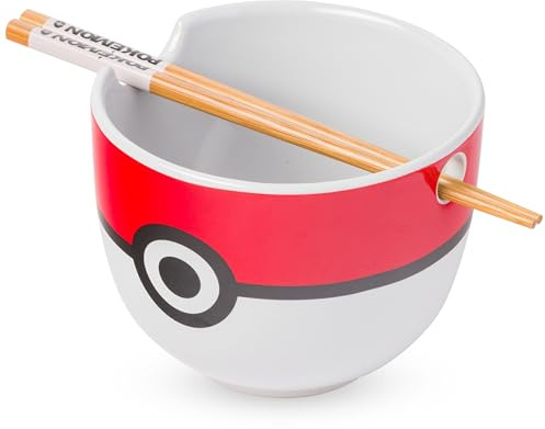 Silver Buffalo Pokemon Pokeball Ceramic Ramen Noodle Bowl with Chopsticks, Microwave Safe, 20 Ounces