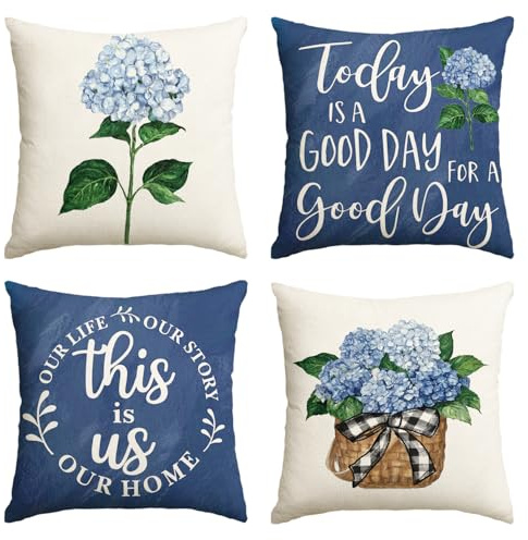 AVOIN colorlife Blue Hydrangea Spring Summer Throw Pillow Covers, 18 x 18 Inch Today is A Good Day Dark Blue Cushion Case Decoration for Sofa Couch Set of 4
