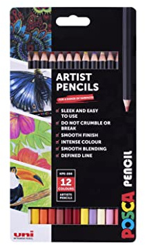 Posca KPE-200 - Matite colorate a olio, con punta resistente di alta qualità, per arte, artigianato, multiuso, su legno, tessuto, carta, cartone e tela, perfette per disegni creativi, 12 colori a