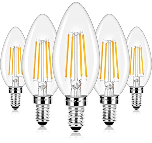 E12 LED Candelabra Bulbs 40 Watt Equivalent, 4W Vintage Candle Light Bulbs Dimmable, 470Lm Warm White 2700K B10 Edison Bulb, Filament Clear Glass Lamp Bulb for Chandelier Ceiling Fan (5 Packs)
