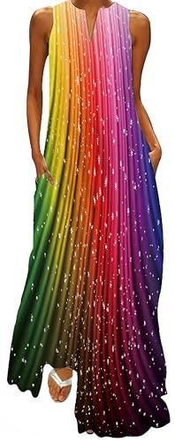 Ocean Plus Robe Longue sans Manches Col V Robe Décontractée Ample avec Poches Latérales, Robe de Plage Vacances Femme Tailles S à 5XL (5XL, Arc-en-Ciel)