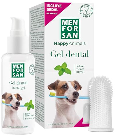 MENFORSAN Gel Dental para perros | Gel dentífrico natural | Aliento Fresco | Controla la Placa Dental | Sabor a menta | Incluye dedal de regalo | 60 ml