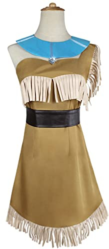 TRACYCY Pocahontas Kostüm Damen Cosplay Indisch Prinzessin Pocahontas Kleid und Zubehör Halsketten Gürtel 3 Stück Anzug für Erwachsene Fancy Dress up Halloween Weihnachten Verkleidung Festkleid