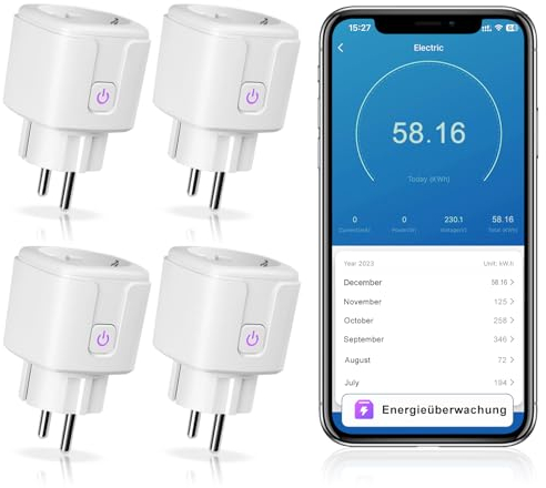 4er-Pack CNBINGO WLAN Smart Steckdose mit Strommessung, Funktioniert mit Alexa, Google Assistant, WiFi Mini Plug mit Zeitschaltuhr und Sprachsteuerung, Smart Home Steckdose Nur 2.4GHz WiFi, 16A