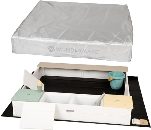 WONDERMAKE® Bac à sable design avec cuisine boueuse, couverture Oxford 420D, film non tissé, bac à sable en bois, carré, verrouillable, jardin extérieur pour enfants, blanc multicolore
