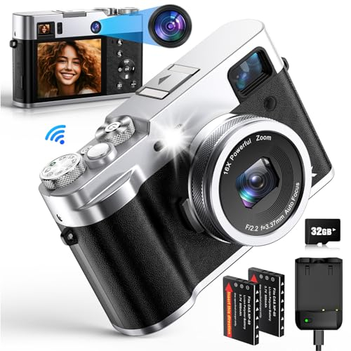 5K Digitalkamera, NEZINI 48MP Fotoapparat Digitalkamera mit Doppelobjektiv, Vlogging Kamera mit 32G Karte/Sucher/2,8 Zoll Bildschirm, Digitale Kompaktkamera Selfie Kamera für Anfänger, Jugendliche