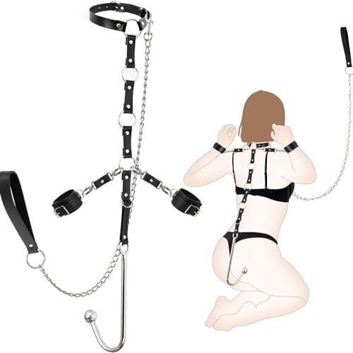 Set bondage con gancio anale, polsini e cavigliere, collare con guinzaglio, manette e corda – kit fetish per legature sensuali e giochi BDSM per donna