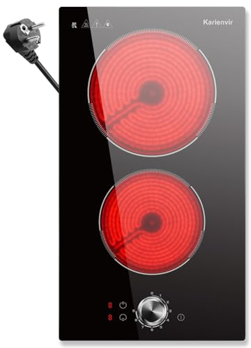 Karienvir Plaque Vitrocéramique 2 Feux avec Boutons, Table de Cuisson Deux Foyers avec Prise, Zone d'expansion, 9 Niveaux de Puissance, 2800W, 30cm