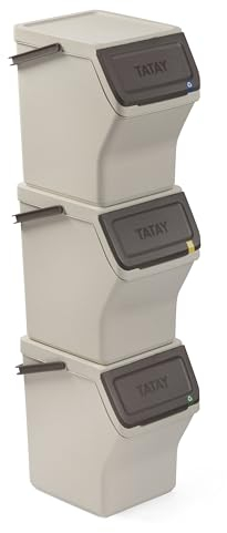 TATAY Mülltrennsystem Easy Waste 20L | 3er Set Recycling Behälter | Modular und Stapelbar | Deckel mit Klicksystem | Integrierter Tragegriff | Aus Recyceltem Material | 35x27x36 cm – Ecohome