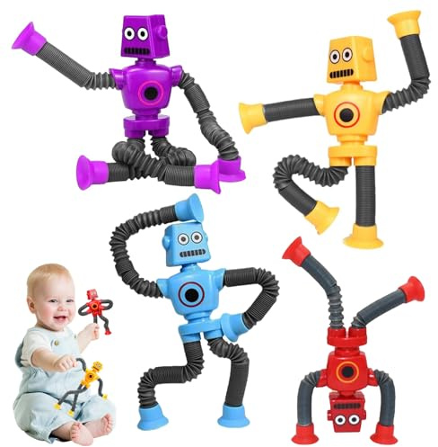 YINZZTRY Teleskop Saugnapf Roboter, Pop Röhren Spielzeug, Stretchrohr Roboter Stressabbau, Pädagogisches Stress Spielzeug für Kinder, 4 Stück