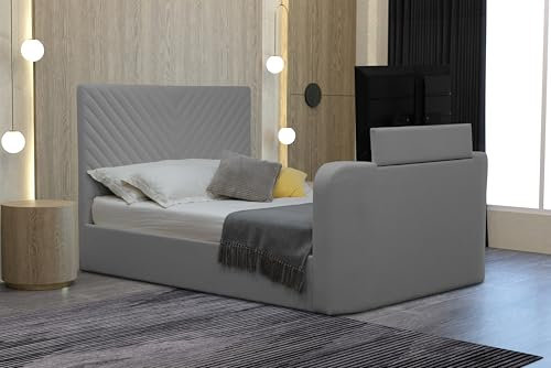 Home Treats Grey Velvet Ottoman TV Bed With Storage | Smart Bed With Remote Control TV Footboard Operation | Gas Lifting Underbed Storage (No Mattress, Double)