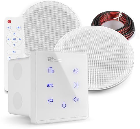 Power Dynamics PD MSLP65 Marine Ceiling Speakers with A50W White Wall Amplifier, Bluetooth Ceiling Speaker System, Weatherproof Outdoor Bathroom Speaker Kit, USB/Aux Input, IPX5 Rated