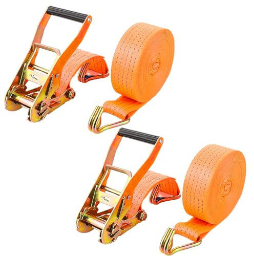 DAJAVE Set di 2 Cinghie a Cricchetto, 8M Cinghia di Ancoraggio con Tenditore a Cricchetto e Ganci, Larghezza 50mm Cinghia Fissaggio a Cricchetto Ratchet, Arancione, Gancio a J, Fino a 4000 kg