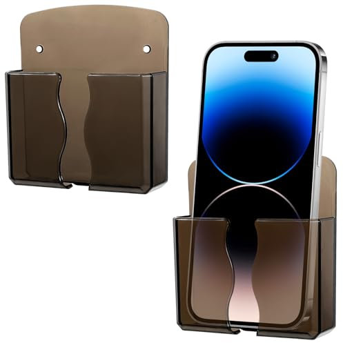 Ymapinc 2Pcs Wall Mount Phone Holder Transparent Black Wall Cell Phone Holder for Bed with Charging Hole for Most Cellphone, Self Adhesive Bedside Remote Control Stand