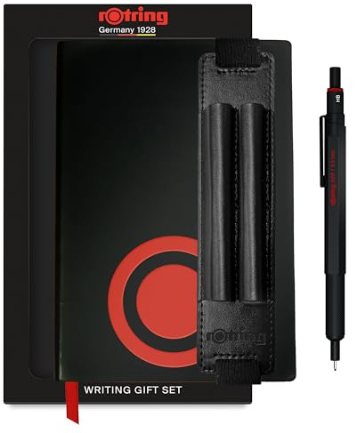 rOtring 600 Druckbleistift (0.5mm) Geschenkset mit Schreibgeräteetui & Notizbuch | Vollmetallgehäuse Feinminenstift | Schwarz | Rutschfestergerändelter Griff und sechseckiger Schaft