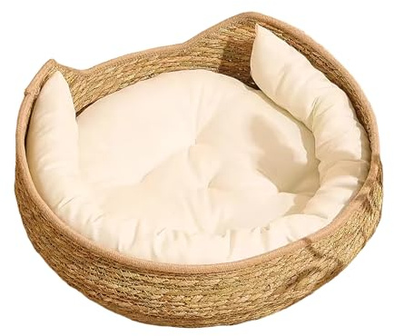 Cama de ratán, 35 cm, cesta para gatos, cesta de ratán hecha a mano con cojín de algodón, para todas las estaciones