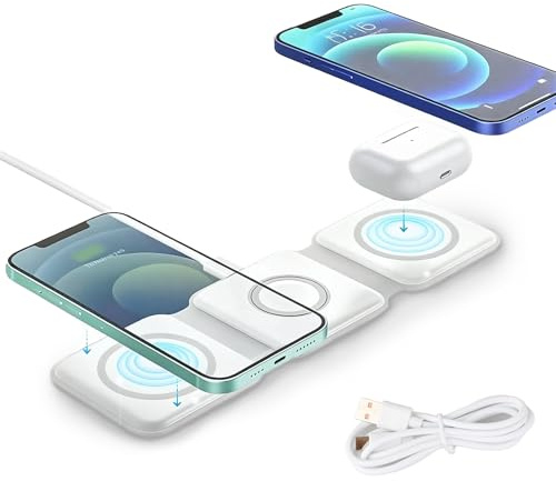 Cargador Inalámbrico 3 en 1 Blanco 15W con Base Plegable, Estación de Carga Rápida Magnética para Teléfonos Móviles, Relojes y Auriculares, Compatible con iPhone 17 16 15 14 13 12 Pro Max Plus SE, Wat