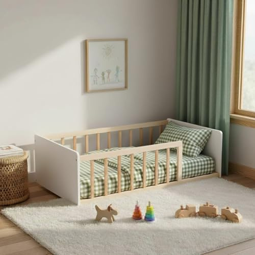 Lit enfant inspiration Montessori au sol à barreaux naturel et blanc 90x190