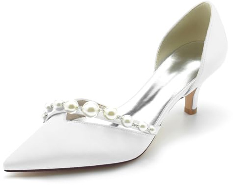 HFWXYSA Femmes Bas Kitten Talon Heel Fermé Carré Bout Slip-on Escarpins Classique Cute Dress Mariage Party Chaussures 6 CM Heels,Blanc,36 EU