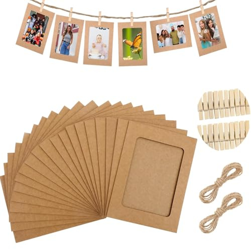 Portafoto da Parete,20 Pezzi Set Cornici Foto da Parete con Clip Legno e Corda di Canapa,Cornice Foto Legno,Tableau Matrimonio,Cornici per Foto,per Paretes,Casa,Scuola Ufficio-Decorazione Sospesa DIY