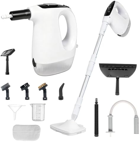 Scopa a vapore, pulitore a vapore portatile, 1200 W, include 15 accessori per la pulizia, adatto per pavimenti in legno, piastrelle, malta, mobili, pulizia di tappeti