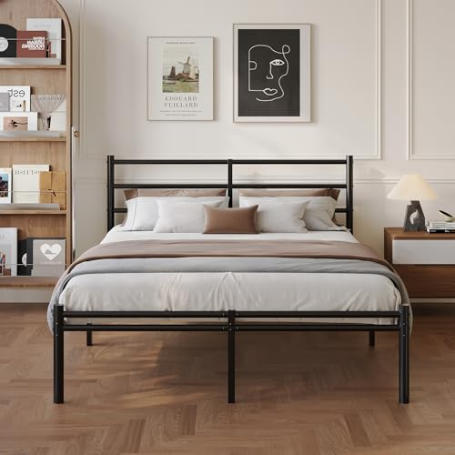 Yicensen Cama Doble 160 x 190 cm con Cabecero y Piecero de Metal | Estructura de Cama con Plataforma de Metal y Soporte de Lamas de Acero, Silenciosa, Fácil de Montar, 36 cm de Alto, Negra