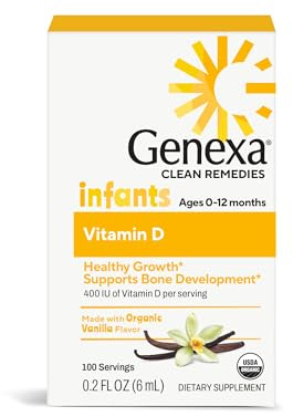 Genexa Infants Vitamin D Liquid Drops for Newborn, Baby & Toddler | Supports Growth & Bone Development | Delicious Organic Vanilla Flavor | Certified Organic, Gluten Free, & Non-GMO | 90 Servings
