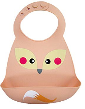 Bavoir Bébé en Silicone, Treer Souple Bavette imperméable Mignon Réglable Salive Serviette pour Bébé Naissance Garçons Filles Protéger les Vêtement Taches (30x23cm,Renard rose)
