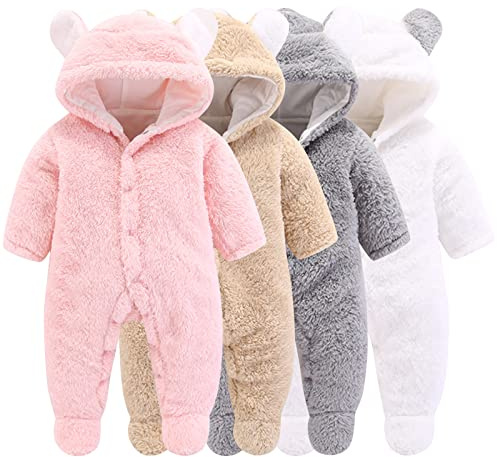 Winmany Newborn Baby Cartoon Bear Snowsuit Winter Coat Fleece Hooded Romper Jumpsuit (0-3Month, Pink)